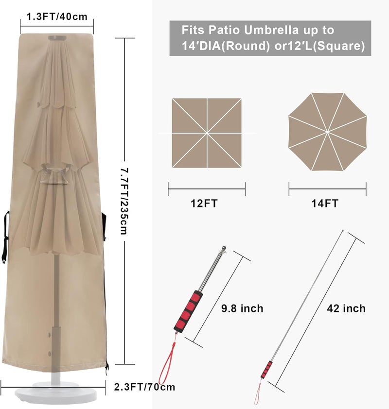 COOSHADE 600D Patio Umbrella Parasol Cover Waterproof Outdoor Anti-UV Protective Cover with Zipper Fits Market Umbrella Up to 14 Feet,Khaki - Image 4
